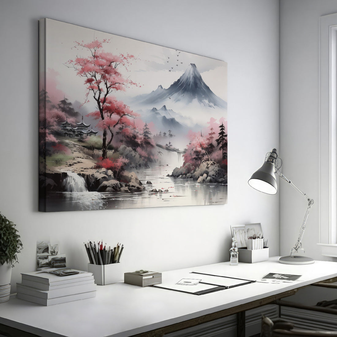 Framed canvas print of Asian landscape with cherry blossoms and misty mountain scenery