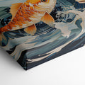 Framed canvas print of two vibrant koi fish with dynamic water movements in a Japanese style illustration