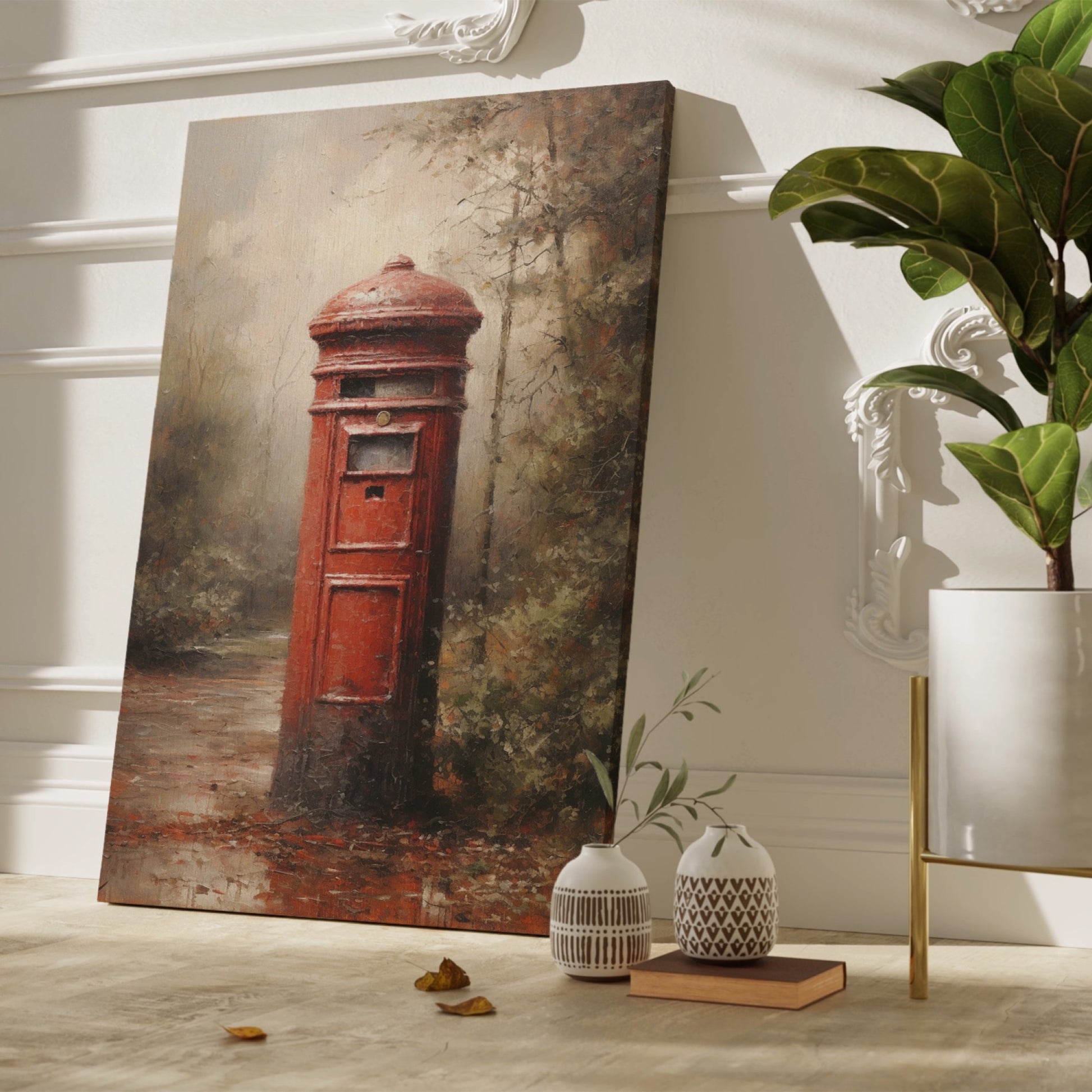 Framed canvas print of an impressionist painting featuring a vintage British red postbox with rustic autumnal background