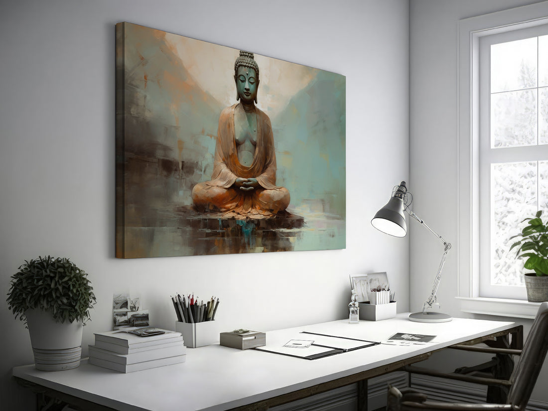 Framed canvas print of a serene Buddha in meditative pose with earthy tones