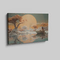 Framed canvas print of a surreal landscape with an ethereal sunset, lady in a boat, and reflective water