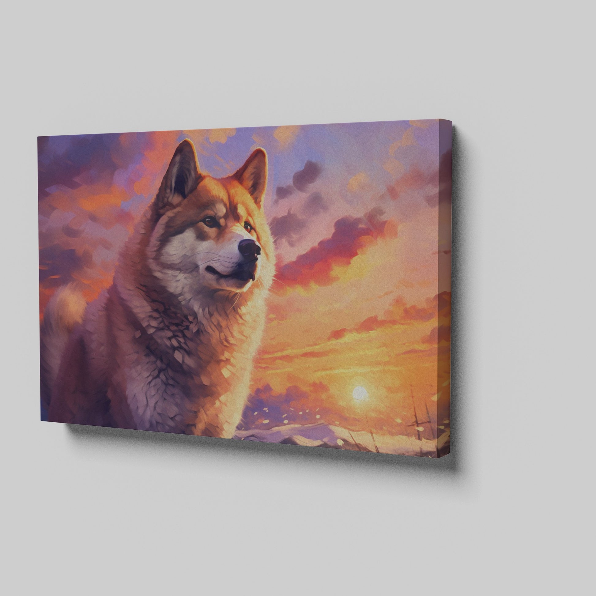 Framed canvas print of a majestic wolf against a vibrant sunset background in fiery tones