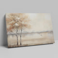 Framed canvas print of misty autumnal river scene with leafless trees and bird in flight