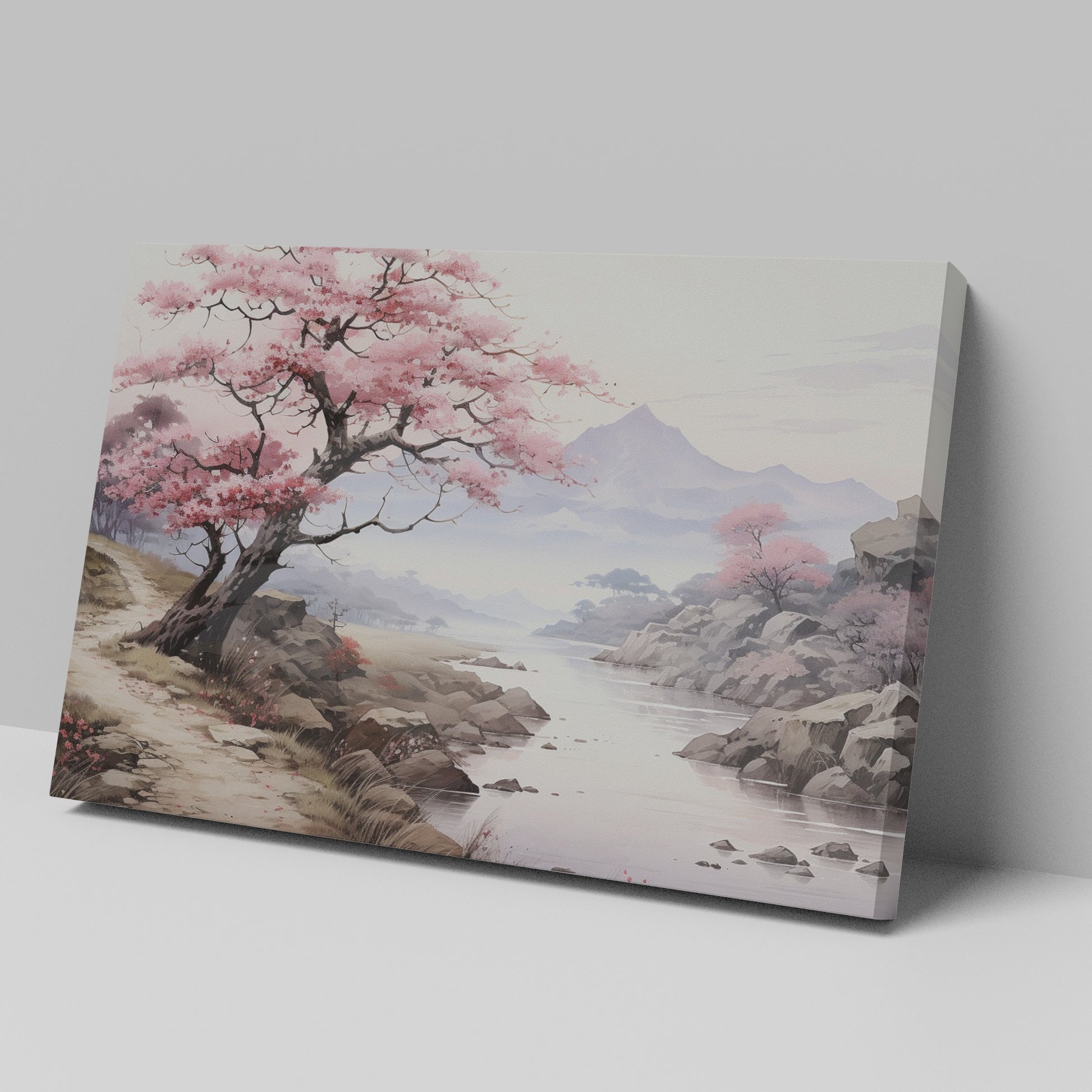 Framed canvas print of a serene cherry blossom landscape with mountains and a river