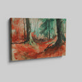 Framed canvas print of an abstract watercolour forest in vibrant red and green hues