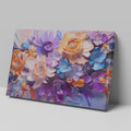 Framed canvas print of vibrant impasto-style abstract flowers in orange, lavender, and blue