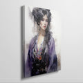 Watercolor portrait of a woman in a purple kimono with expressive eyes and artistic splashes