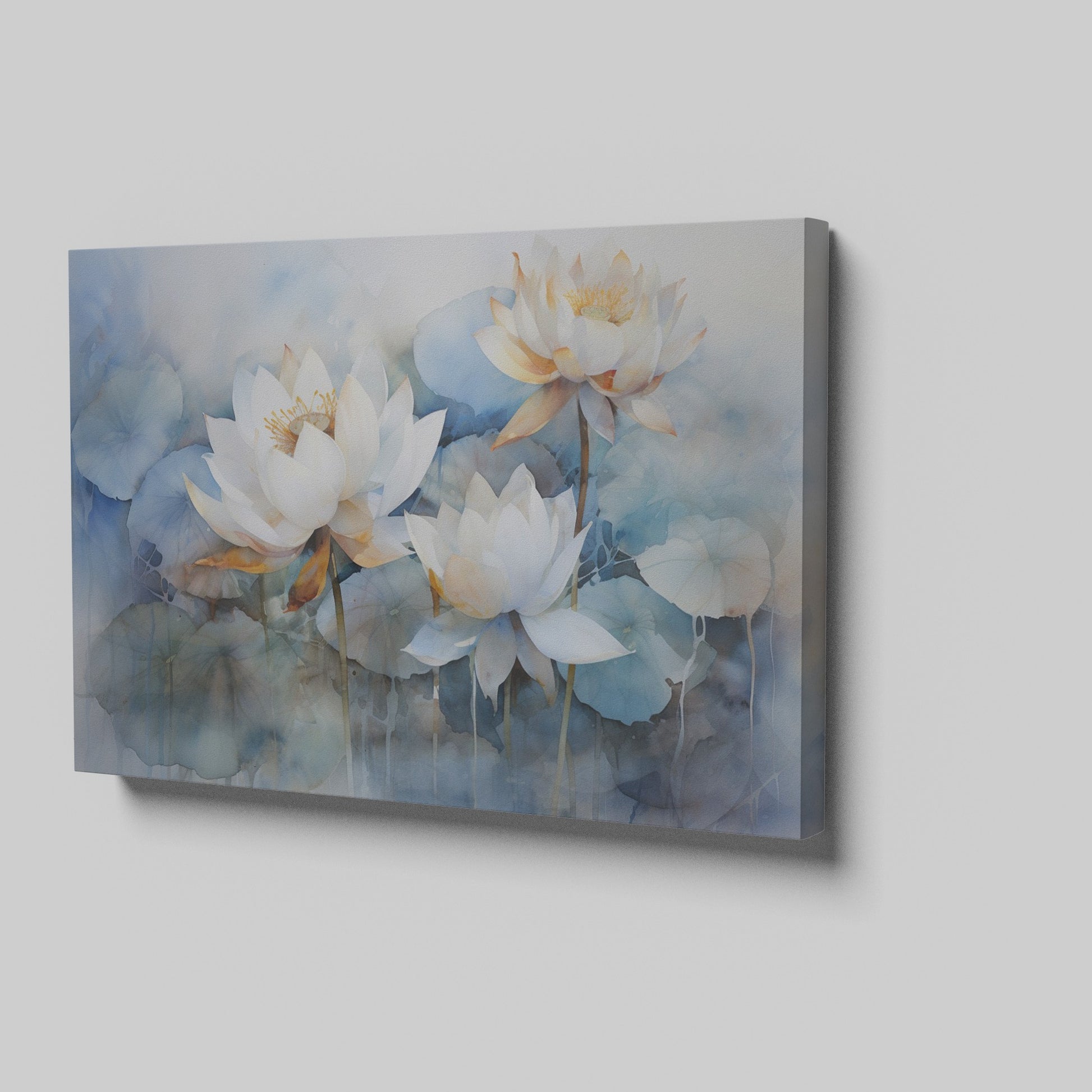 Framed canvas print of ethereal blue and white watercolour lotus flowers with a tranquil vibe