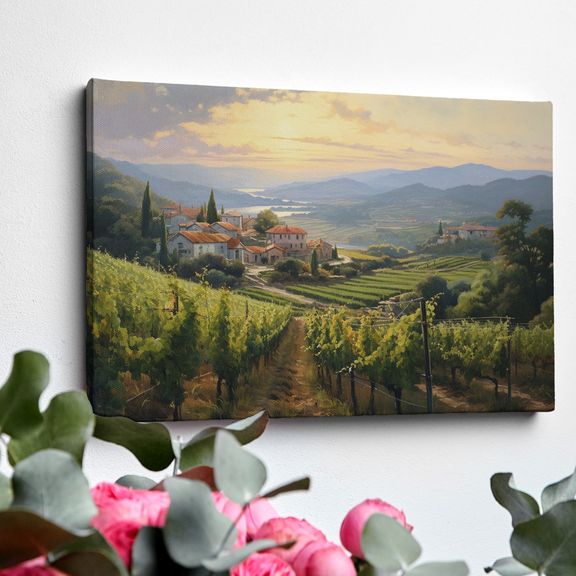 Framed canvas print of a Tuscan vineyard at sunset with warm golden hues and terracotta houses