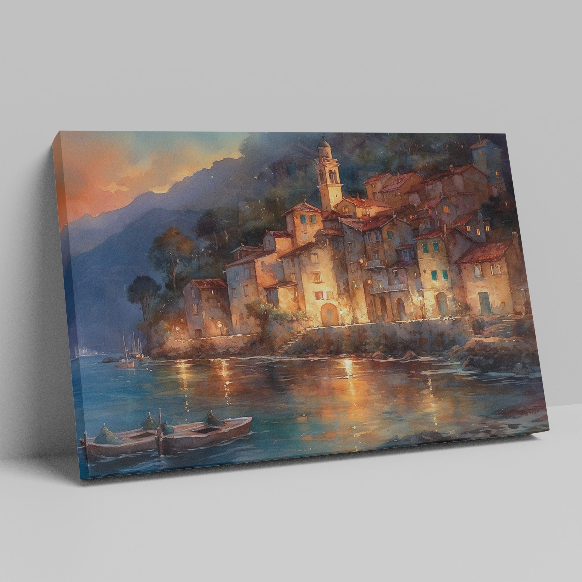 Framed canvas print of a watercolour Mediterranean village at twilight with reflections on the sea