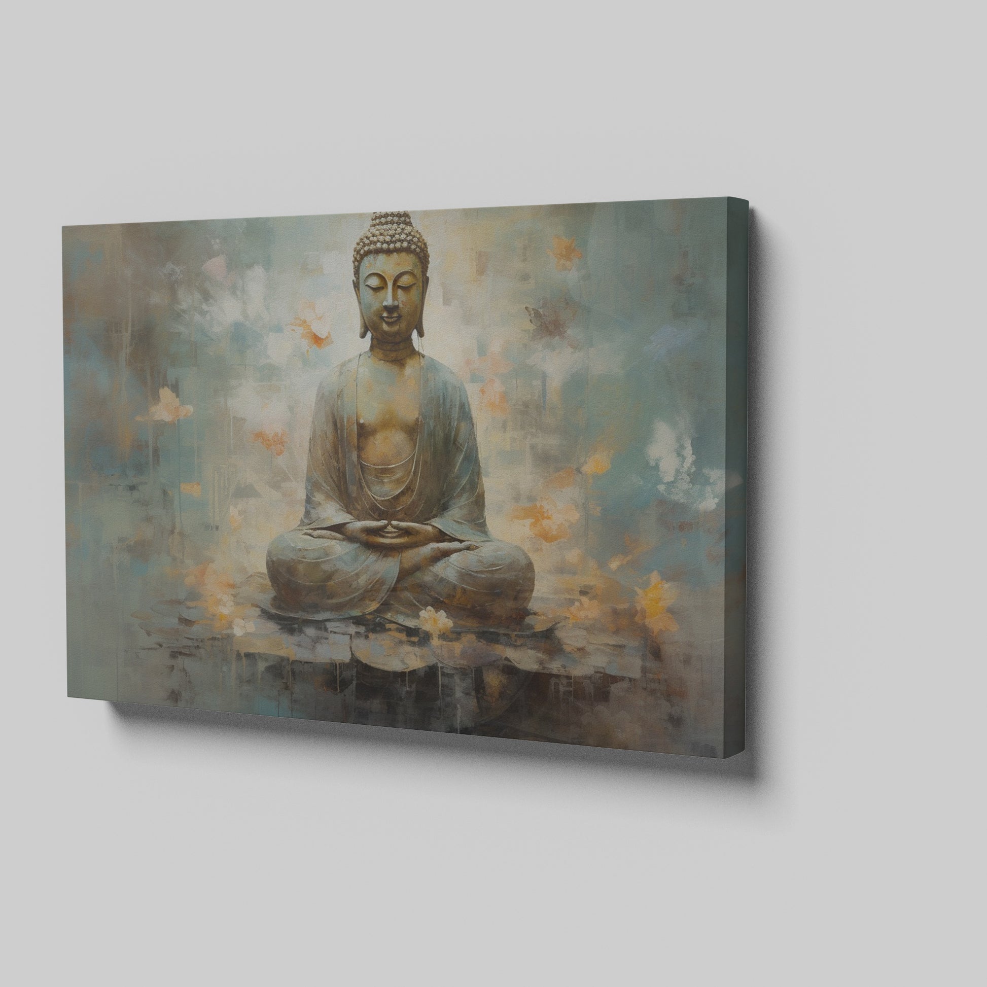 Framed canvas print of serene Buddha in meditation with abstract blue and orange background