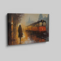 Framed canvas print of an abstract evening train station scene with golden hues and a glowing train