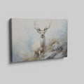 Framed canvas print of a majestic stag in a misty, ethereal forest landscape