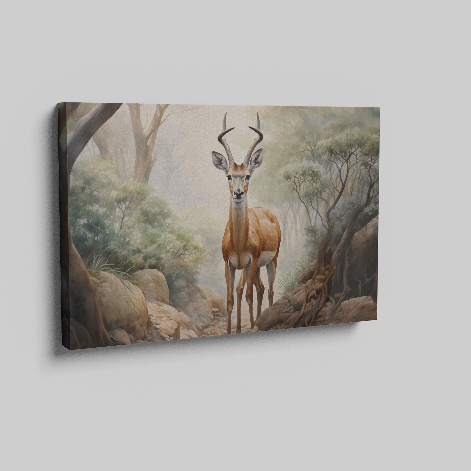 Framed canvas print of a realistic antelope in a misty forest setting with warm, earthy tones