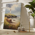 Framed canvas print of an Impressionist painting depicting a lighthouse on a seaside cliff with vivid wildflowers