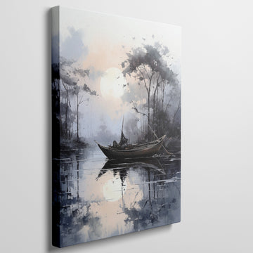 Framed canvas print of a watercolor landscape featuring a sunset, a boat, and reflections on a tranquil lake