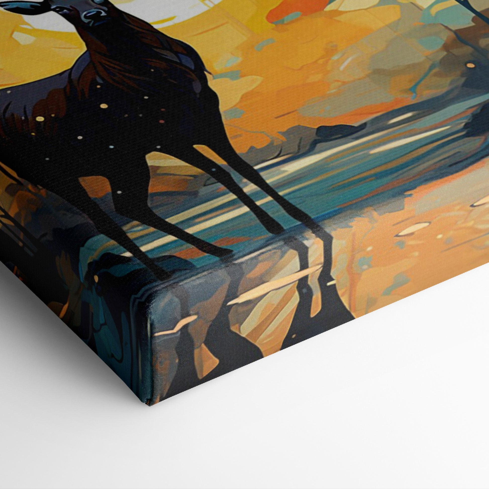 Abstract canvas art of a deer in a sunset forest scene with vibrant orange and blue colors.