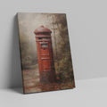 Framed canvas print of an impressionist painting featuring a vintage British red postbox with rustic autumnal background