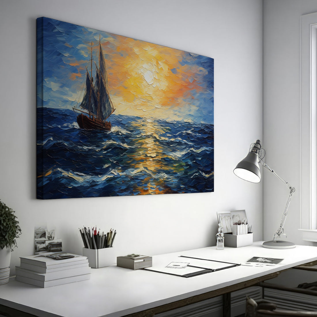 Framed canvas print of an Impressionist painting depicting a sailboat sailing on the ocean at sunset with vivid colours and bold brush strokes