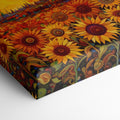 Framed canvas print of sunflowers beneath a golden sunset in an illustrative style