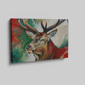 Framed canvas print of a vibrant, abstract impressionistic stag with bold colours and brushstrokes