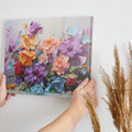 Framed canvas print of vibrant painted flowers, impressionist style with colourful bouquet