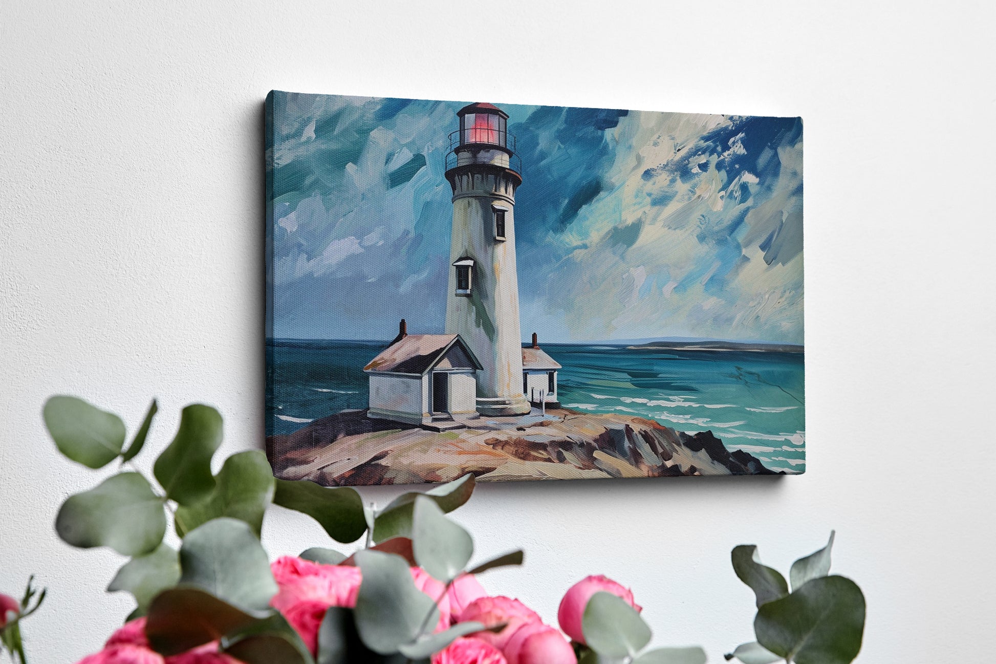 Framed canvas print of lighthouse on coastal rocks with dynamic sea and sky