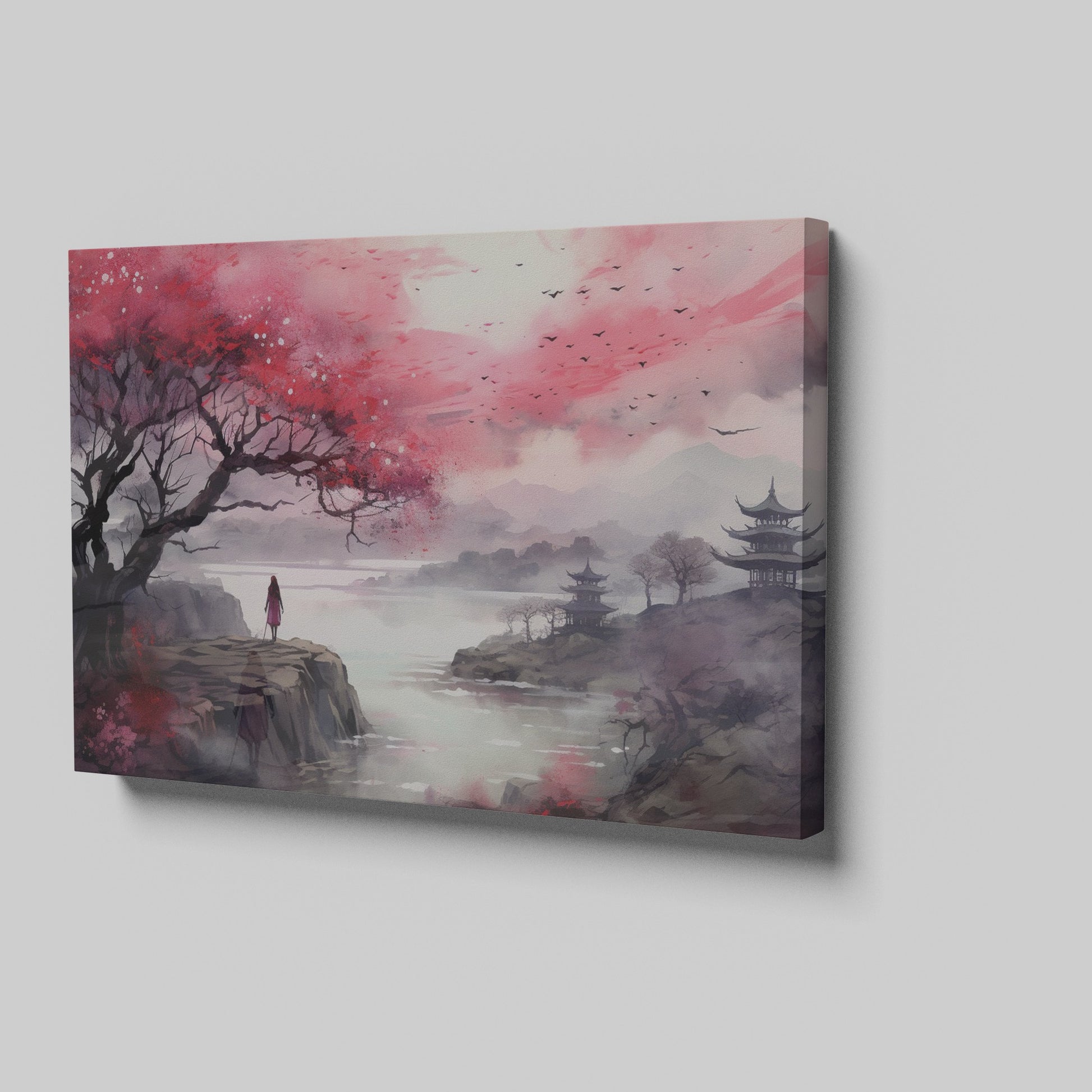 Framed canvas print of an oriental landscape with cherry blossoms, pagodas, and a silhouette of a person