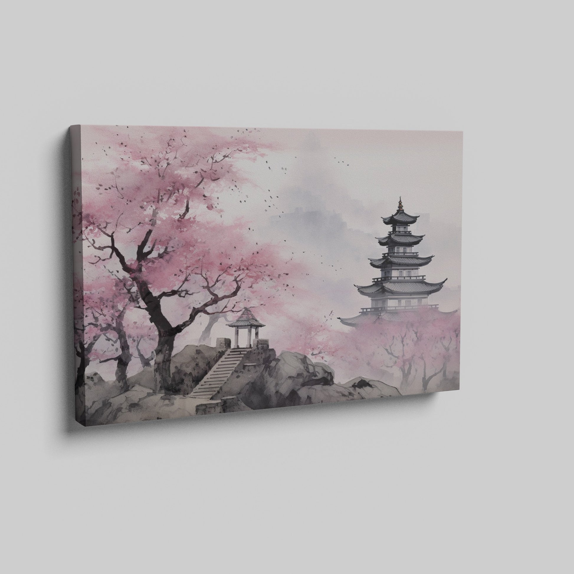 Framed canvas print of Oriental Pagoda in Mist with Cherry Blossoms