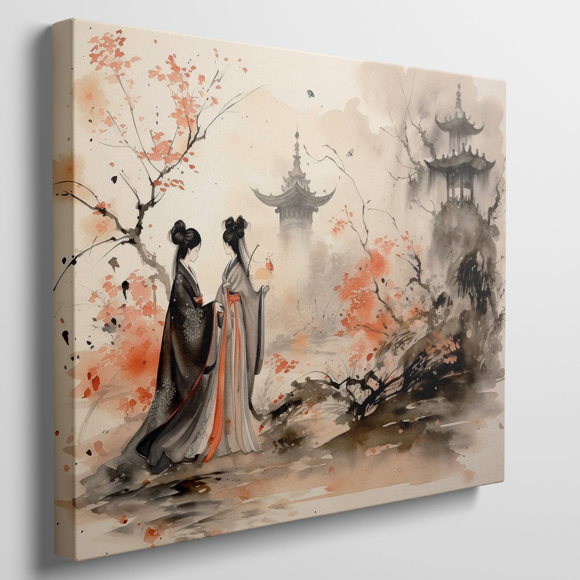 Framed canvas print of an oriental ink painting depicting two figures in traditional attire with an autumnal landscape and pagoda