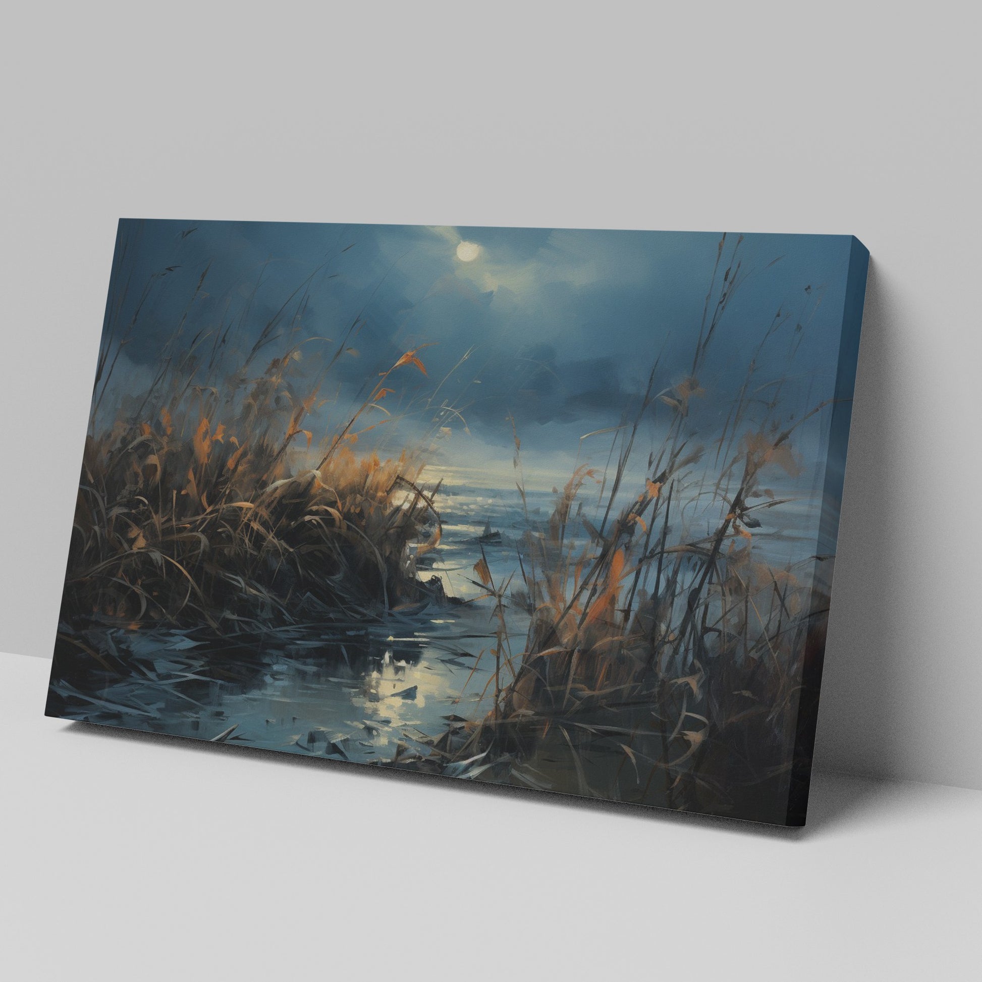 Framed canvas print of an impressionistic landscape with moonlit waters and reed-filled foreground