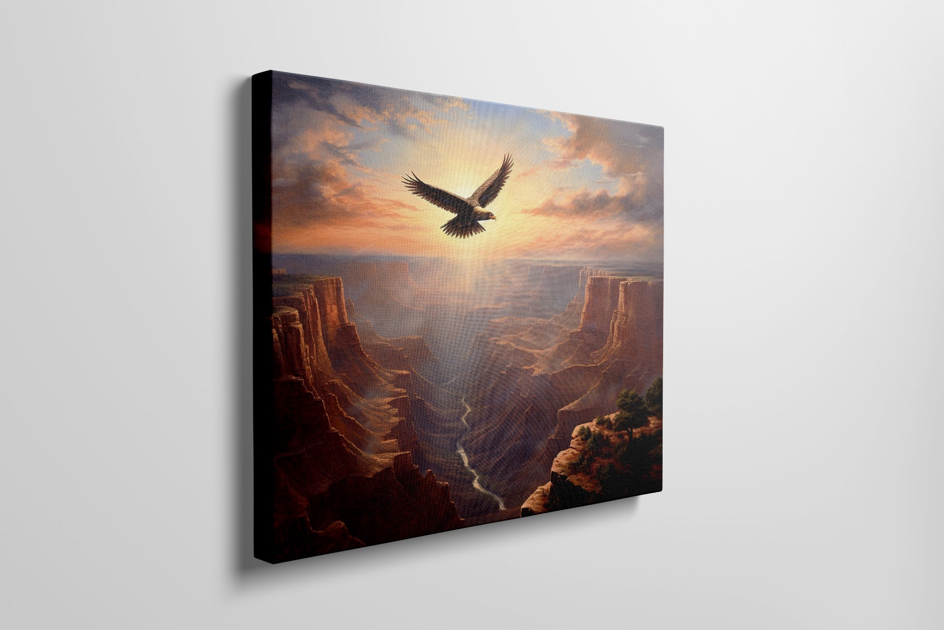 Framed canvas print of a majestic eagle flying over a grand canyon at sunrise with radiant warm colours