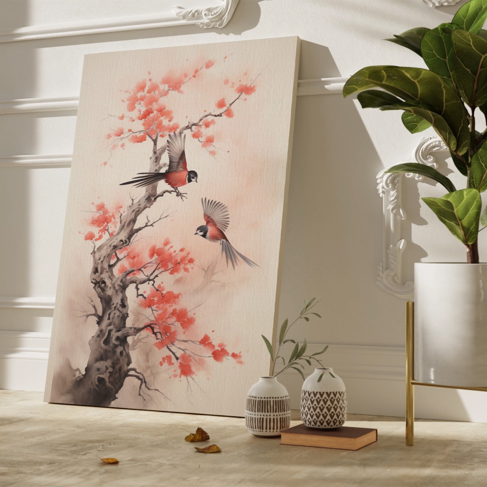 Framed canvas print of cherry blossoms and birds in watercolor