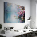 Framed canvas print of a tranquil lakeside scene with cherry blossoms and misty atmosphere