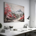 Framed canvas print of a serene landscape with cherry blossoms and a mountain