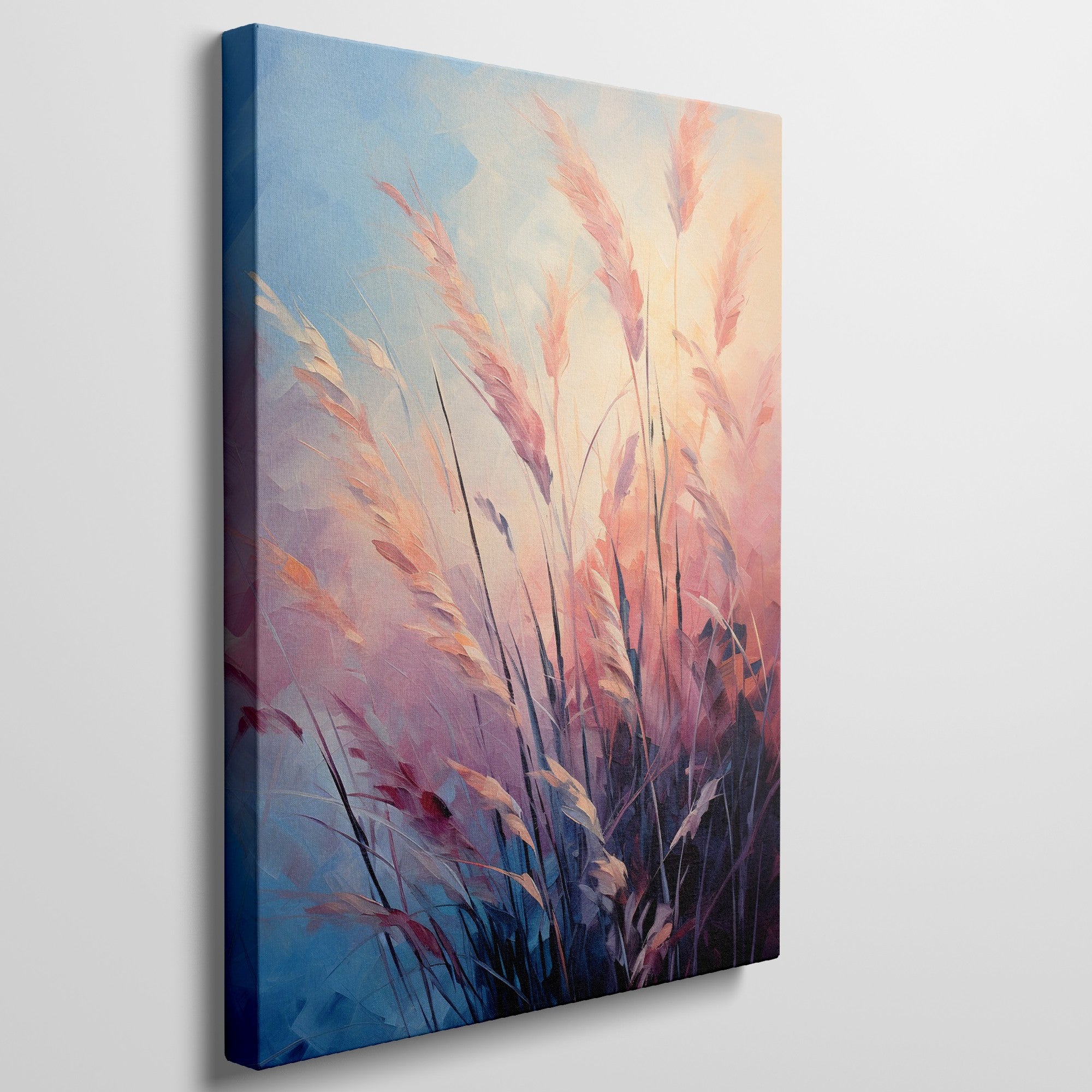 Framed canvas print of abstract pampas grass in sunset colours against a blue sky