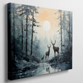 Framed canvas print of a serene forest scene with deer and sunset reflection