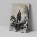 Framed canvas print of a samurai warrior with a sword, against a large moon with a monochrome and red colour palette