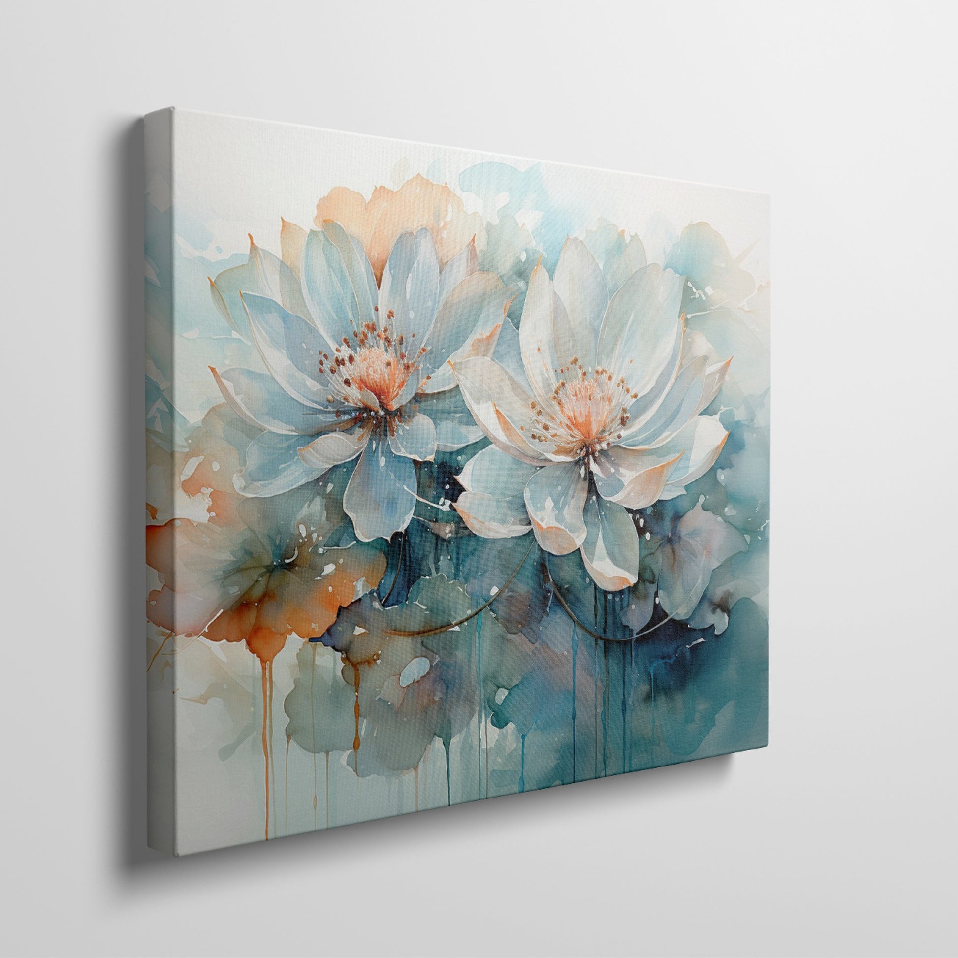 Framed canvas print of abstract watercolor lotus flowers with vibrant aquamarine and earth tones