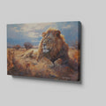 Framed canvas print of a majestic lion basking in the golden light of the African savannah