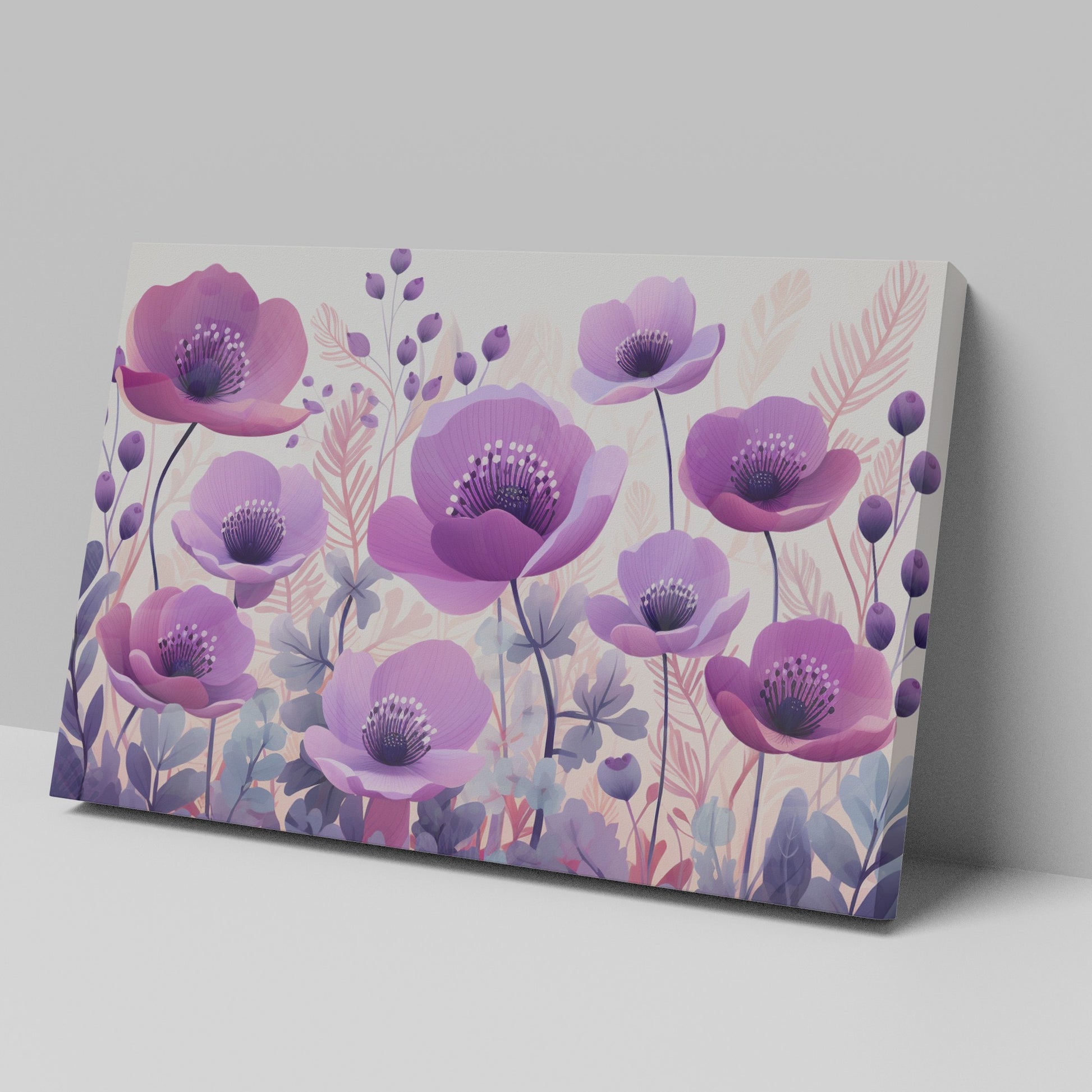 Framed canvas print of stylised anemone flowers in lavender and mauve hues