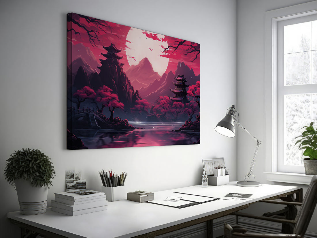 Framed canvas print of Oriental landscape with pagodas, cherry blossoms, and a full moon