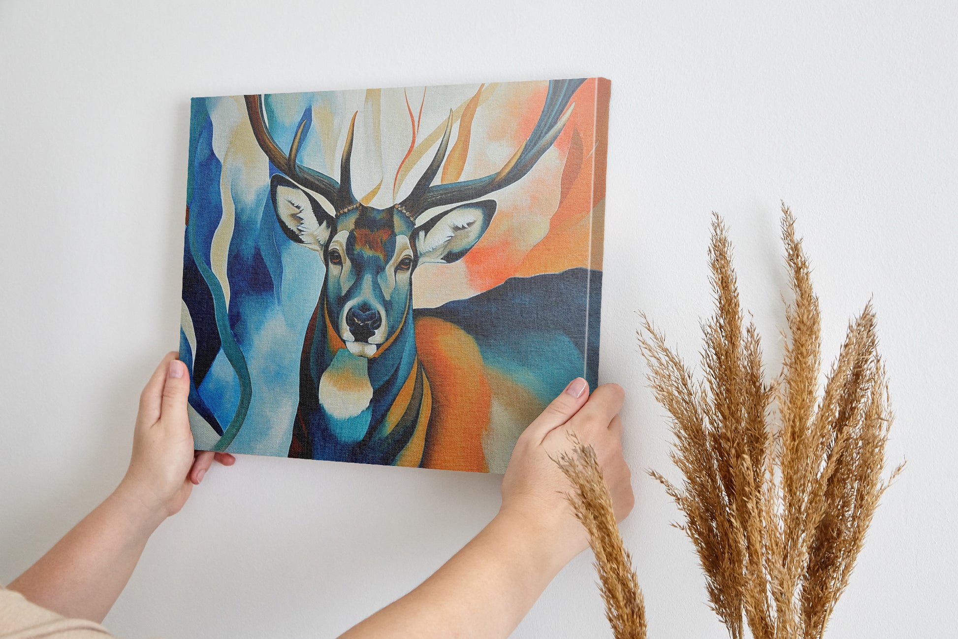 Framed canvas print of an abstract deer with vibrant colours