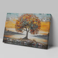 Textured canvas art of a tree with autumn leaves and a serene sunset in the background