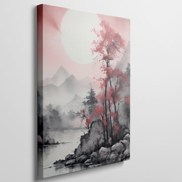 Framed canvas print of Asian-inspired landscape with crimson tree and misty mountains