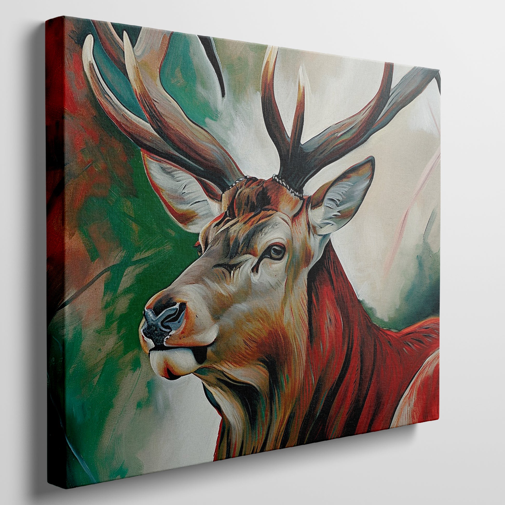 Framed canvas print of a vibrant, abstract impressionistic stag with bold colours and brushstrokes