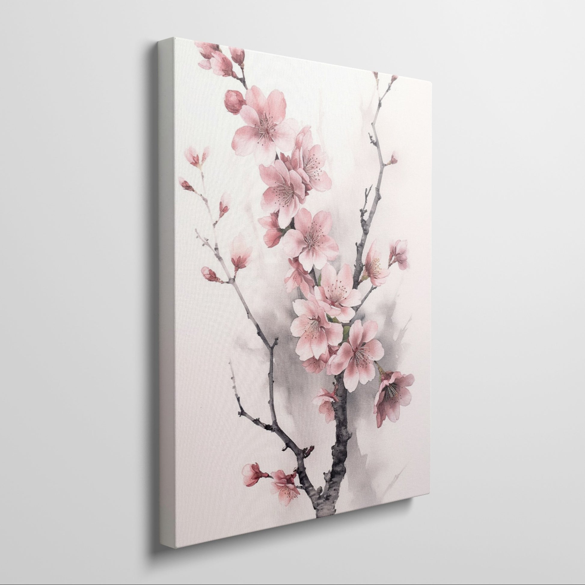 Framed canvas print of a delicate cherry blossom watercolour painting in soft pink hues