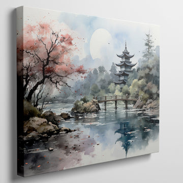 Framed canvas print of a traditional Asian pagoda by a lake with autumn cherry blossoms