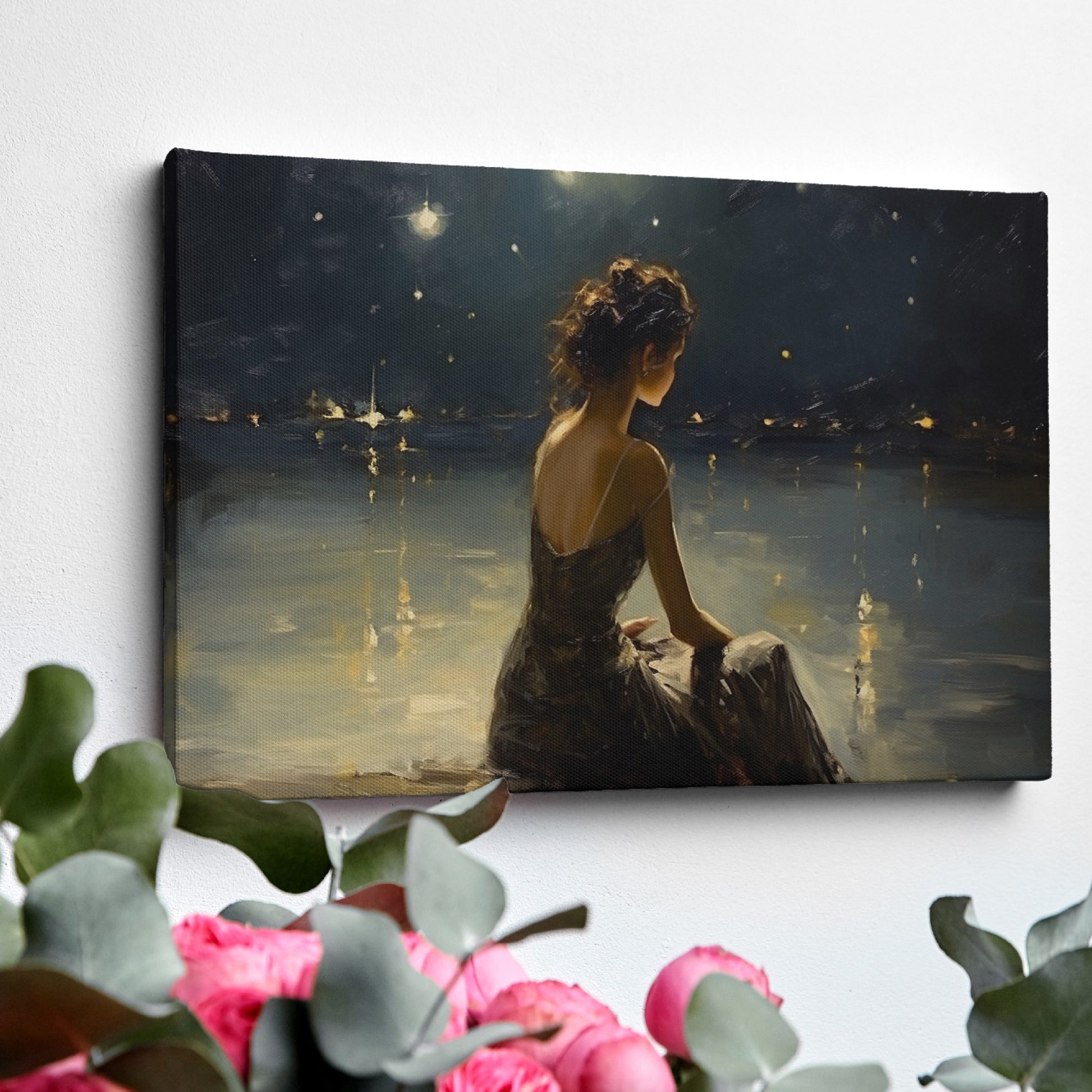 Framed canvas print of a woman in an evening dress admiring the reflective waters on a tranquil night