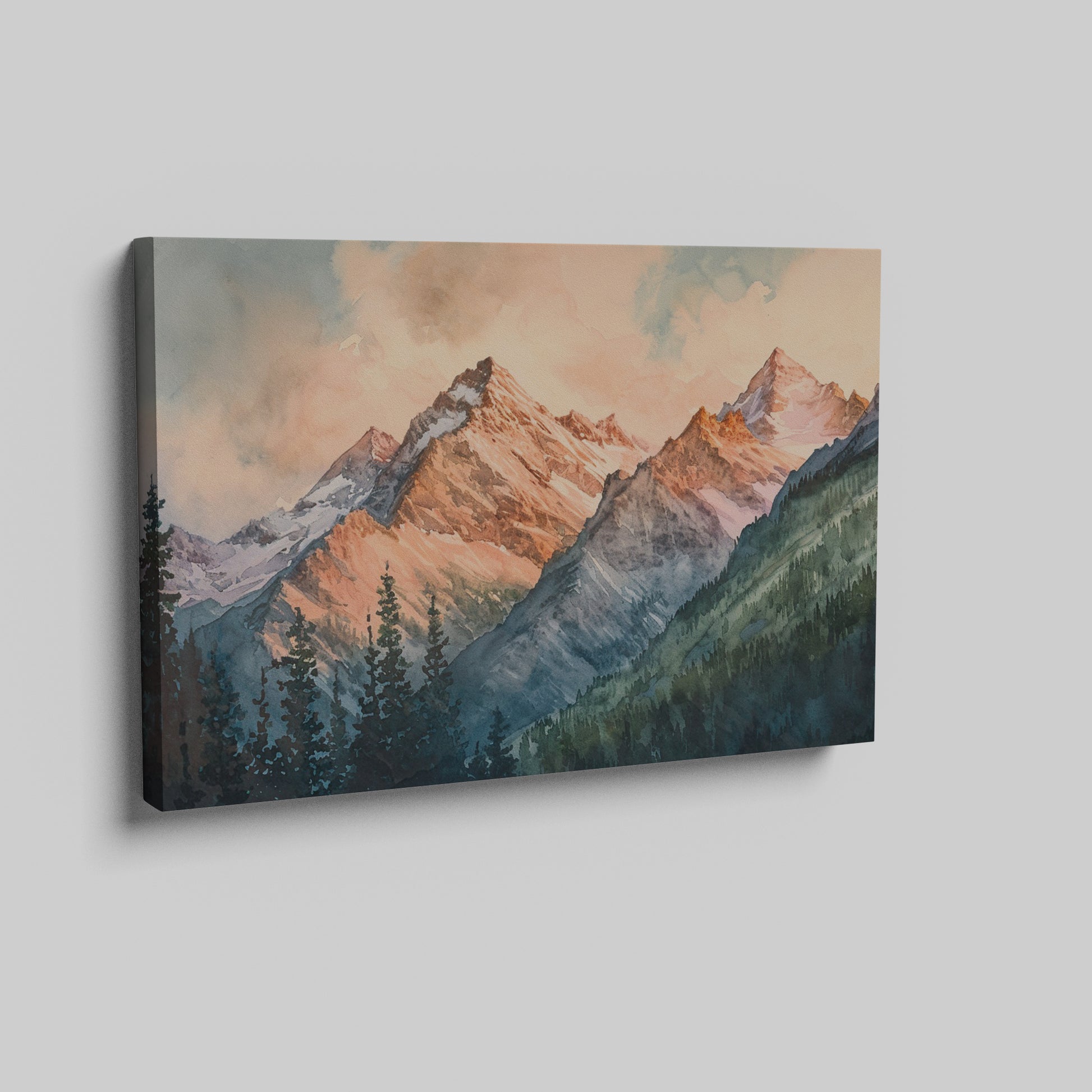 Framed canvas print of a serene watercolour mountain landscape with sunset hues